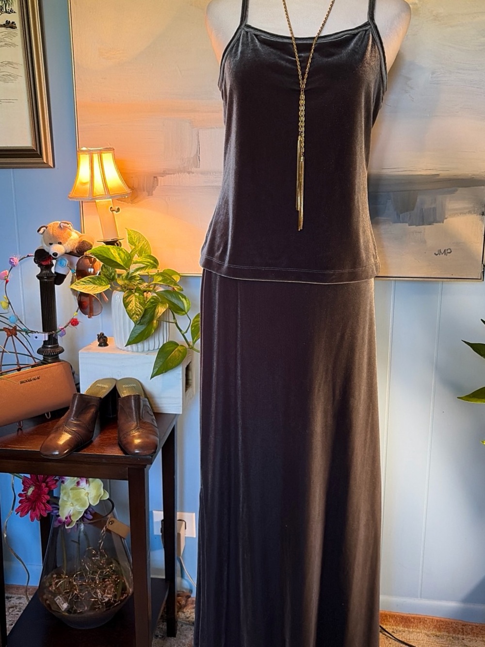 Karen Kane size S. Two Piece, Olive Velvet Maxi Slip Dress with Spaghetti Strap